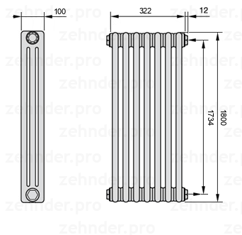 Схема (чертеж) Радиатор Zehnder Charleston 3180/7 №7610 Technoline TL